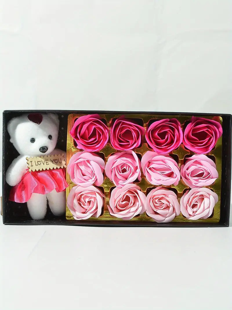 Luxury Soap Flower Gift Box with Kawaii Bear–Romantic Rose Bouquet for Special Occasions