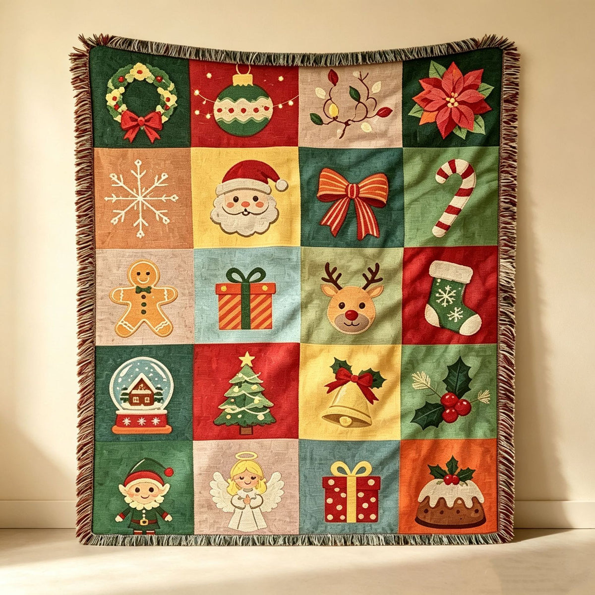 Retro Christmas Throw Blanket - 130 × 160cm Woven Jacquard Festive Sofa Blanket with Tassels