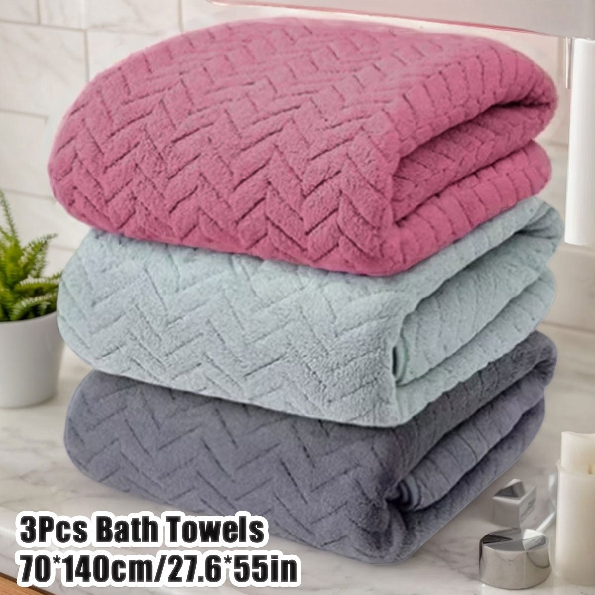 3 Piece Quick Dry Bath Towel Set - Soft Absorbent Coral Fleece Towels