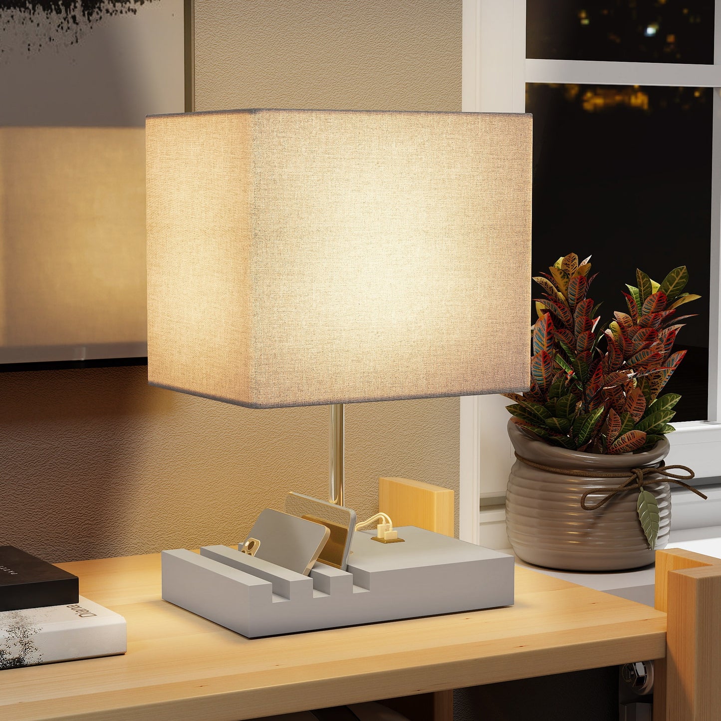Bedside Lamp with USB Ports–Wooden Nightstand Lamp with USB-A & USB-C Charging, Fabric Shade Table Lamp (E27 Socket)