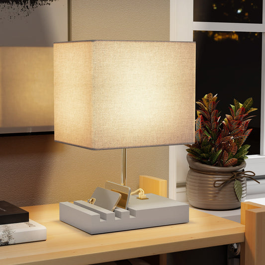 Bedside Lamp with USB Ports–Wooden Nightstand Lamp with USB-A & USB-C Charging, Fabric Shade Table Lamp (E27 Socket)