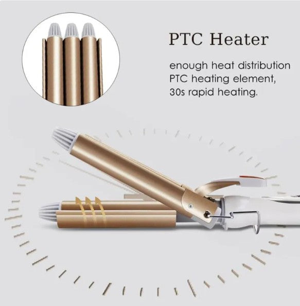 Three Barrel Curling Iron–Ceramic Ionic Hair Waver for Beach Waves & Voluminous Curls