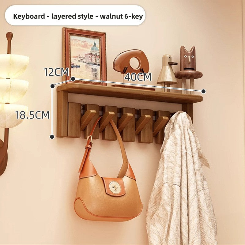 Solid Wood Piano Key Wall Hook Rack with Shelf - Entryway Coat & Key Organiser