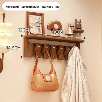 Solid Wood Piano Key Wall Hook Rack with Shelf - Entryway Coat & Key Organiser