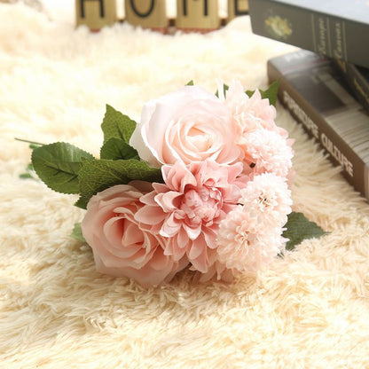 Simulated Dahlia Rose Bouquet–Luxury Silk Faux Flowers for Elegant Home Décor