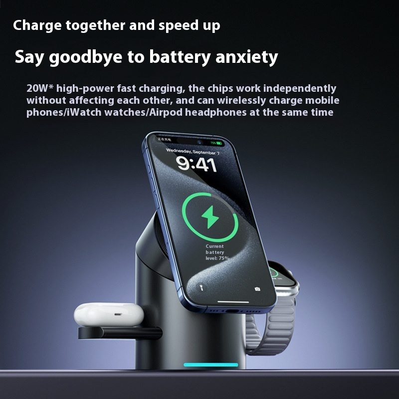 3-in-1 Magnetic Wireless Charging Stand–Fast Charging Dock for Phone, Watch & Earbuds