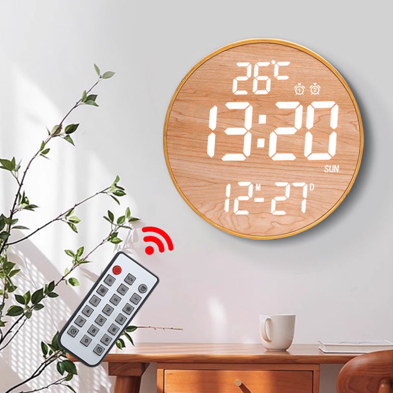 12 Inch Bamboo LED Digital Wall Clock - Remote Control Calendar, Temperature & Alarm Display
