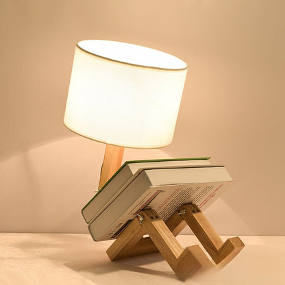 Wooden Robot Desk Lamp - Adjustable Nordic Bedside Table Lamp with Fabric Shade