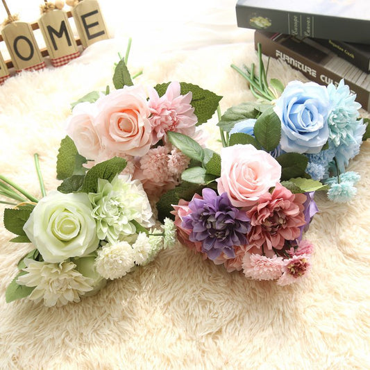Simulated Dahlia Rose Bouquet–Luxury Silk Faux Flowers for Elegant Home Décor