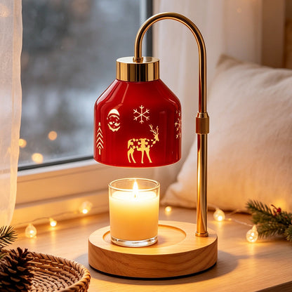 Red Glass Wax Melt Lamp - Christmas Aromatherapy Candle Warmer with Wooden Base & Ambient Night Light