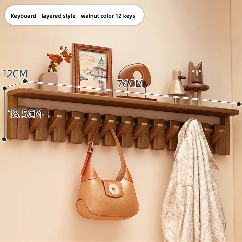 Solid Wood Piano Key Wall Hook Rack with Shelf - Entryway Coat & Key Organiser