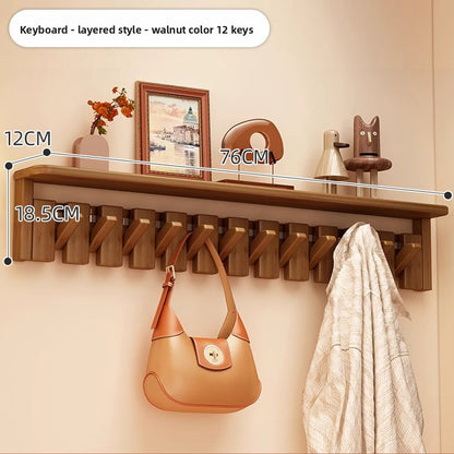 Solid Wood Piano Key Wall Hook Rack with Shelf - Entryway Coat & Key Organiser