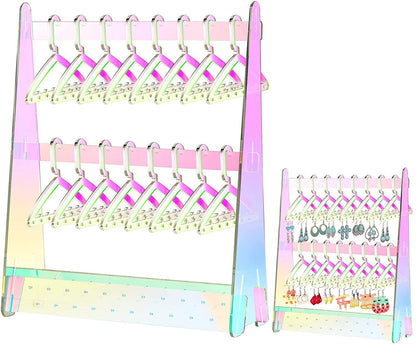 Acrylic Jewelry Stand Organiser–Earring & Necklace Display Holder with 16 Hangers, Modern Jewellery Storage Box (Colorful/Transparent)