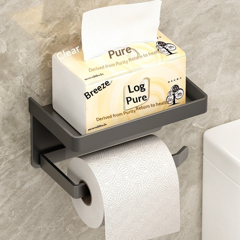 No Drill Toilet Paper Holder with Phone Shelf-Wall Mounted Tissue Holder Rack-Modern Bathroom Storage Organiser