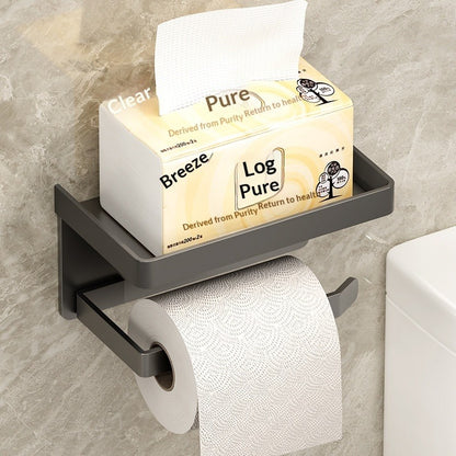 No Drill Toilet Paper Holder with Phone Shelf-Wall Mounted Tissue Holder Rack-Modern Bathroom Storage Organiser