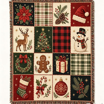 Retro Christmas Throw Blanket - 130 × 160cm Woven Jacquard Festive Sofa Blanket with Tassels