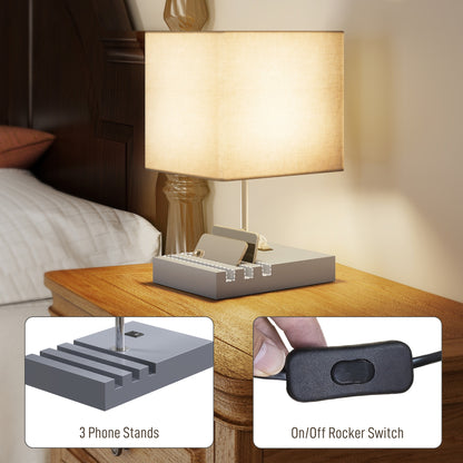 Bedside Lamp with USB Ports–Wooden Nightstand Lamp with USB-A & USB-C Charging, Fabric Shade Table Lamp (E27 Socket)