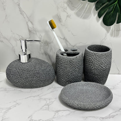 4 Piece Resin Bathroom Accessories Set - Sandstone Soap Dispenser, Toothbrush Holder, Tumbler & Tray