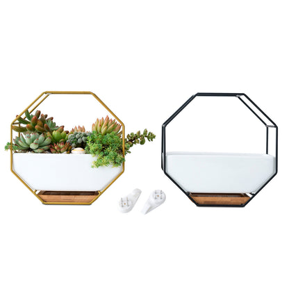Nordic Ceramic Wall Planter–Modern Geometric Hanging Plant Pot With Bamboo Stand