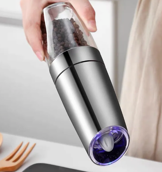 Automatic Gravity Electric Salt & Pepper Grinder–Adjustable Ceramic Spice Mill, LED Light, Stainless Steel/ABS Kitchen Grinder Set