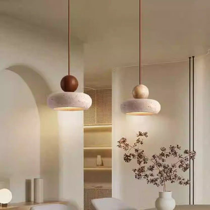 Japanese Travertine Hanging Pendant Light – Wabi-Sabi Stone LED Chandelier