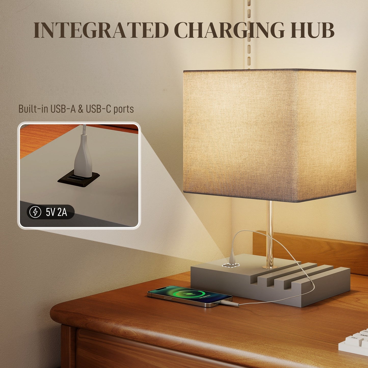 Bedside Lamp with USB Ports–Wooden Nightstand Lamp with USB-A & USB-C Charging, Fabric Shade Table Lamp (E27 Socket)