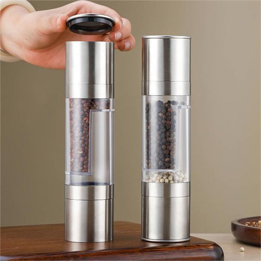 2-in-1 Stainless Steel Pepper Grinder–Double Head Salt & Pepper Mill, Manual Spice Grinder, Modern Kitchen Seasoning Tool