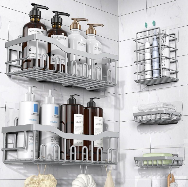 Wall Mounted Bathroom Storage Rack-No Drill Shower Shelf Organiser-Adhesive Bathroom Storage Shelf with Hooks