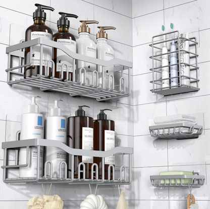 Wall Mounted Bathroom Storage Rack-No Drill Shower Shelf Organiser-Adhesive Bathroom Storage Shelf with Hooks