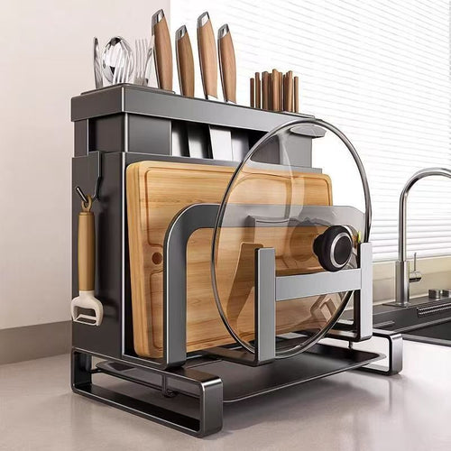 Carbon Steel Kitchen Organiser Rack–Multi-Purpose Knife, Utensil & Cutting Board Storage Stand