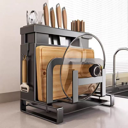 Carbon Steel Kitchen Organiser Rack–Multi-Purpose Knife, Utensil & Cutting Board Storage Stand