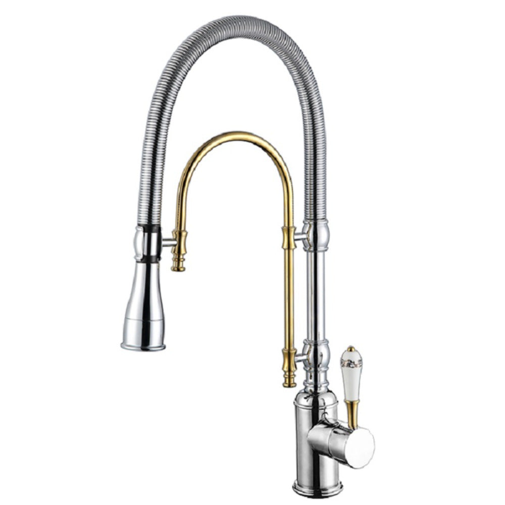 Luxury Copper Kitchen Mixer Tap - Pull-Down Spring Kitchen Faucet with Multifunction Spray Head & Hot Cold Water Control