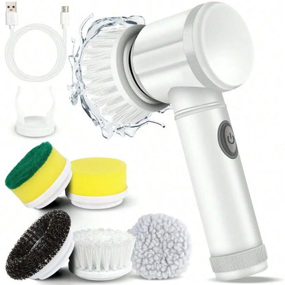 Multifunction Electric Cleaning Brush-Rechargeable Spin Scrubber with 5 Interchangeable Heads-Portable Household Cleaning Tool