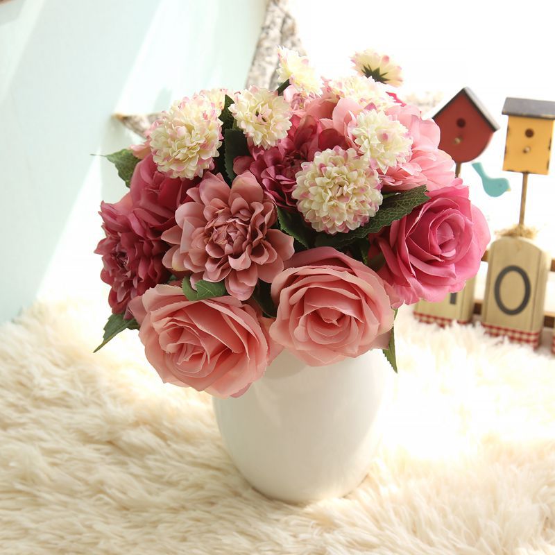 Simulated Dahlia Rose Bouquet–Luxury Silk Faux Flowers for Elegant Home Décor