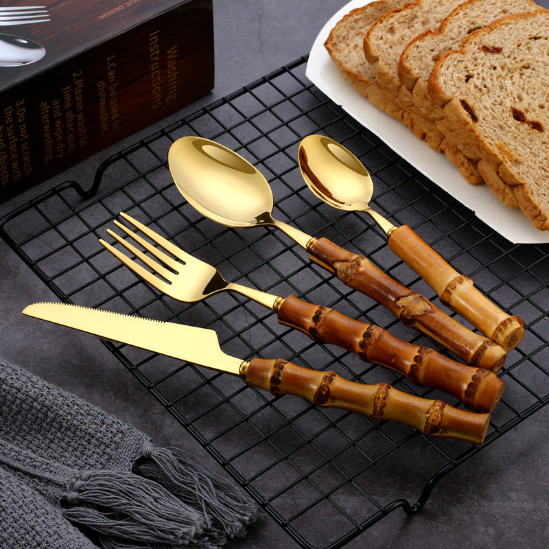 304 Stainless Steel Cutlery Set with Bamboo Handles–Luxury Gold & Silver Flatware Set, Modern Dining Tableware (20/24 Piece Set)