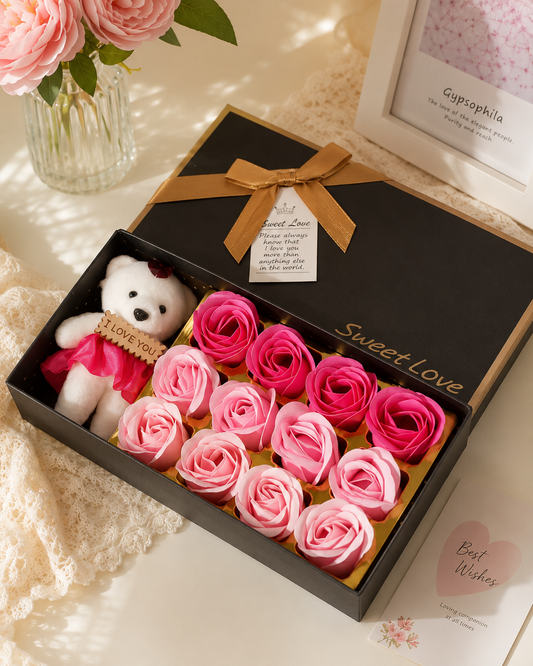 Luxury Soap Flower Gift Box with Kawaii Bear–Romantic Rose Bouquet for Special Occasions