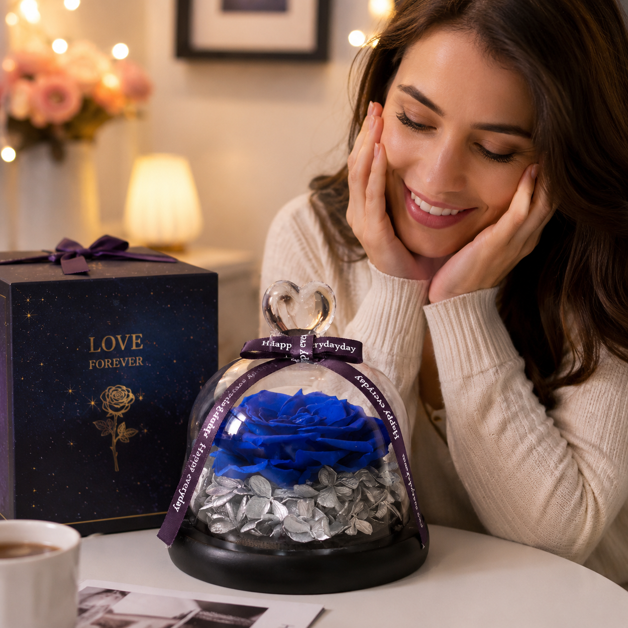Eternal Rose Glass Dome–Heart-Shaped Forever Flower Gift with LED Display