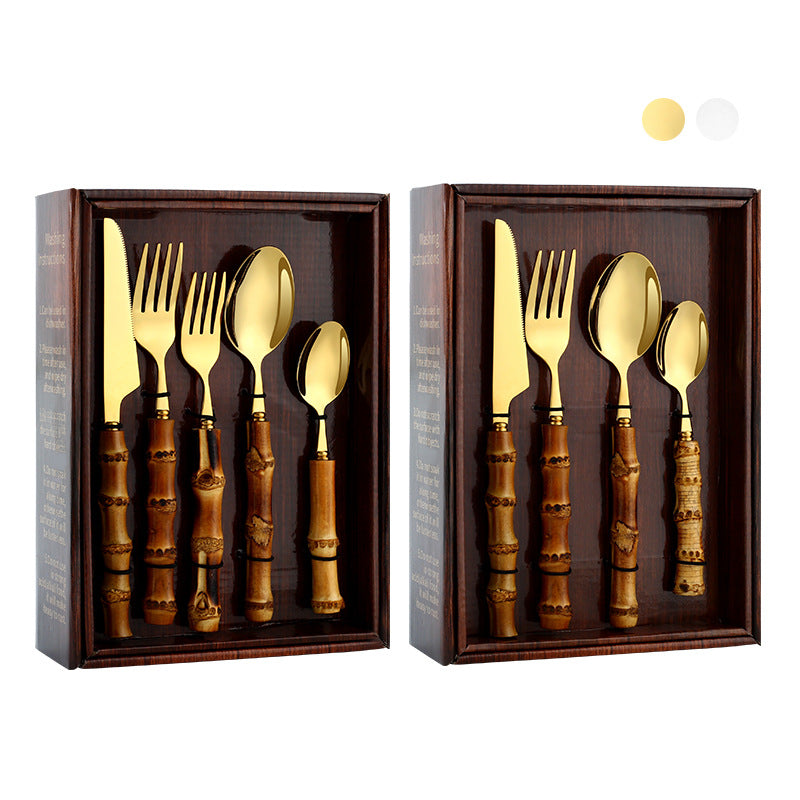 304 Stainless Steel Cutlery Set with Bamboo Handles–Luxury Gold & Silver Flatware Set, Modern Dining Tableware (20/24 Piece Set)