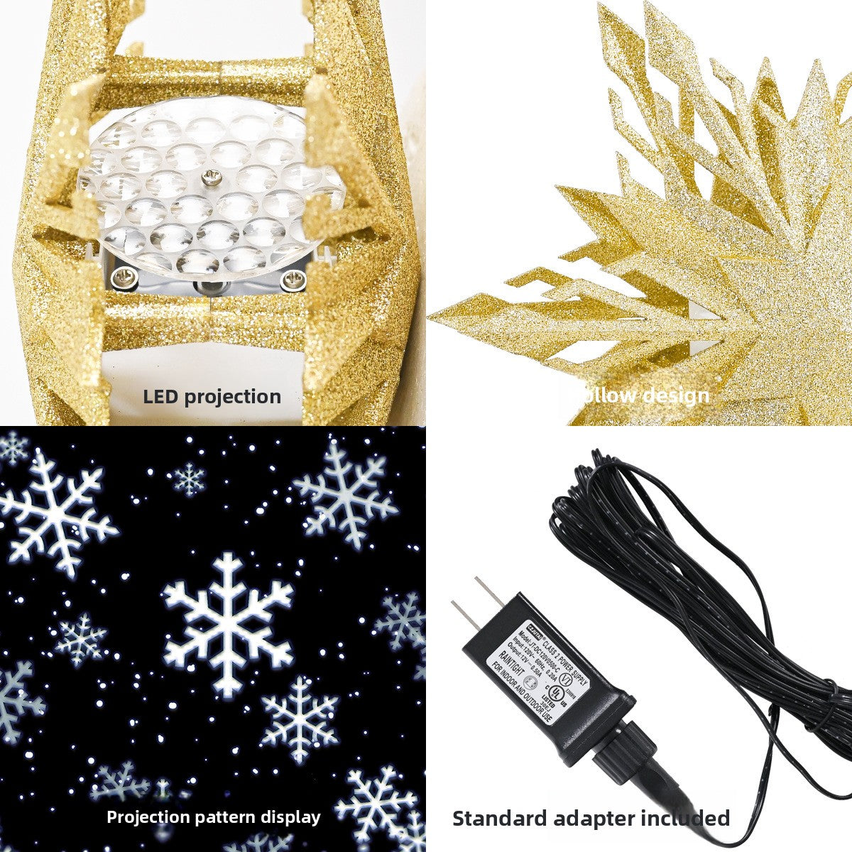 LED Christmas Tree Topper with Snowflake Projection - Gold & Silver Light-Up Christmas Tree Decoration