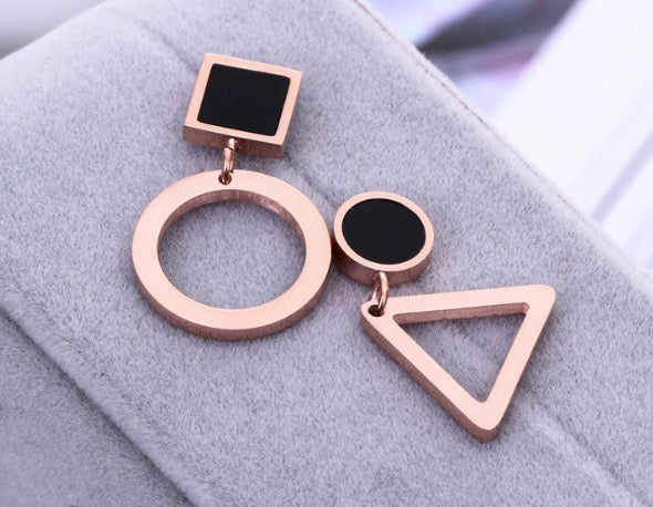 Titanium Steel Geometric Earrings–Rose Gold Asymmetrical Drop Earrings, Modern Triangle & Circle Statement Jewellery