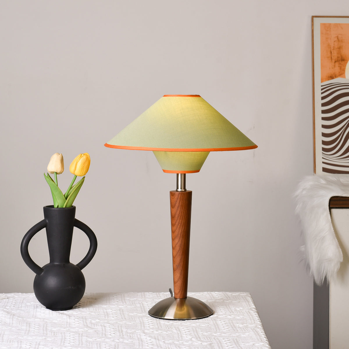 Mid-Century Table Lamp - 1960s Vintage Solid Wood Bedside Lamp with Fabric Shade