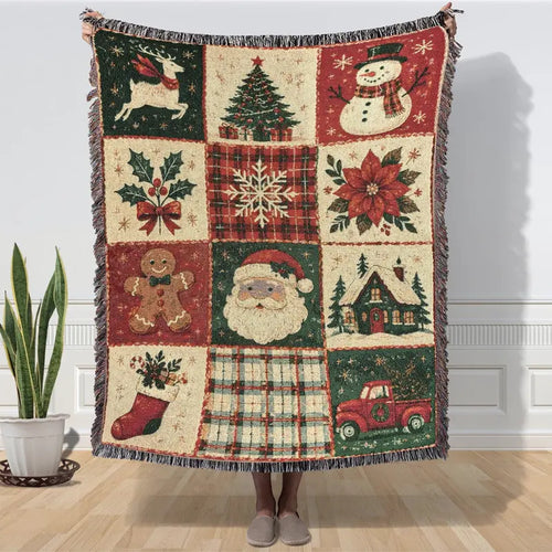 Retro Christmas Throw Blanket - 130 × 160cm Woven Jacquard Festive Sofa Blanket with Tassels