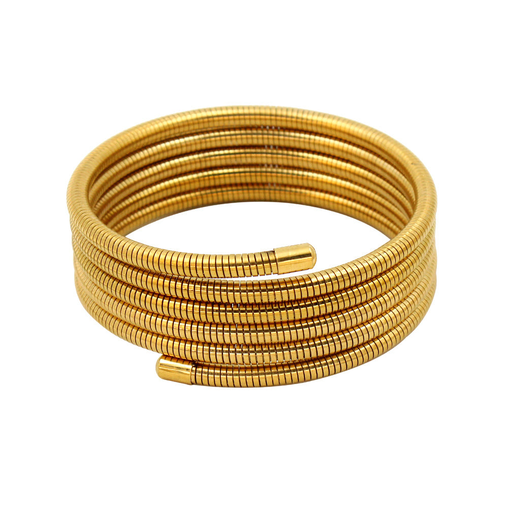 18K Gold Plated Multi-Layer Bracelet–Stainless Steel Spring Bracelet, Chunky Stack Bangle (Golden 5 Line Design)