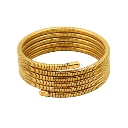 18K Gold Plated Multi-Layer Bracelet–Stainless Steel Spring Bracelet, Chunky Stack Bangle (Golden 5 Line Design)