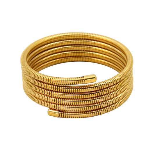 18K Gold Plated Multi-Layer Bracelet–Stainless Steel Spring Bracelet, Chunky Stack Bangle (Golden 5 Line Design)