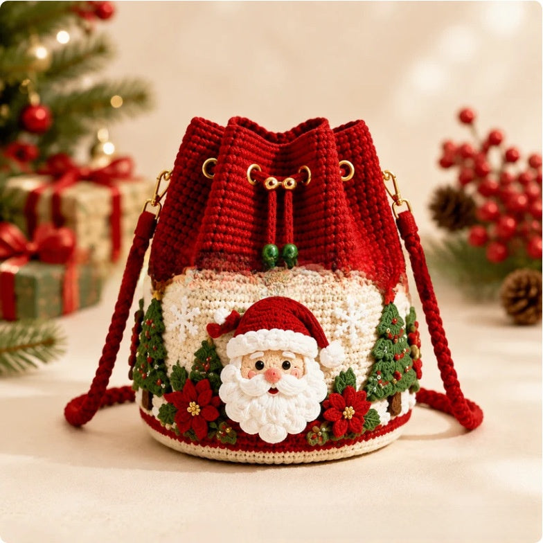 Handmade Crochet Christmas Gift Bag - Wool Yarn Drawstring Santa, Reindeer & Christmas Tree Hanging Decoration