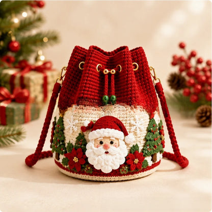 Handmade Crochet Christmas Gift Bag - Wool Yarn Drawstring Santa, Reindeer & Christmas Tree Hanging Decoration