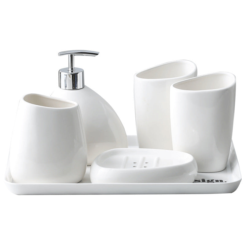 Luxury White Porcelain Ceramic Bathroom Accessory Set – 5-Piece Bathroom Essentials Collection