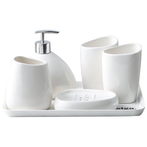 Luxury White Porcelain Ceramic Bathroom Accessory Set – 5-Piece Bathroom Essentials Collection