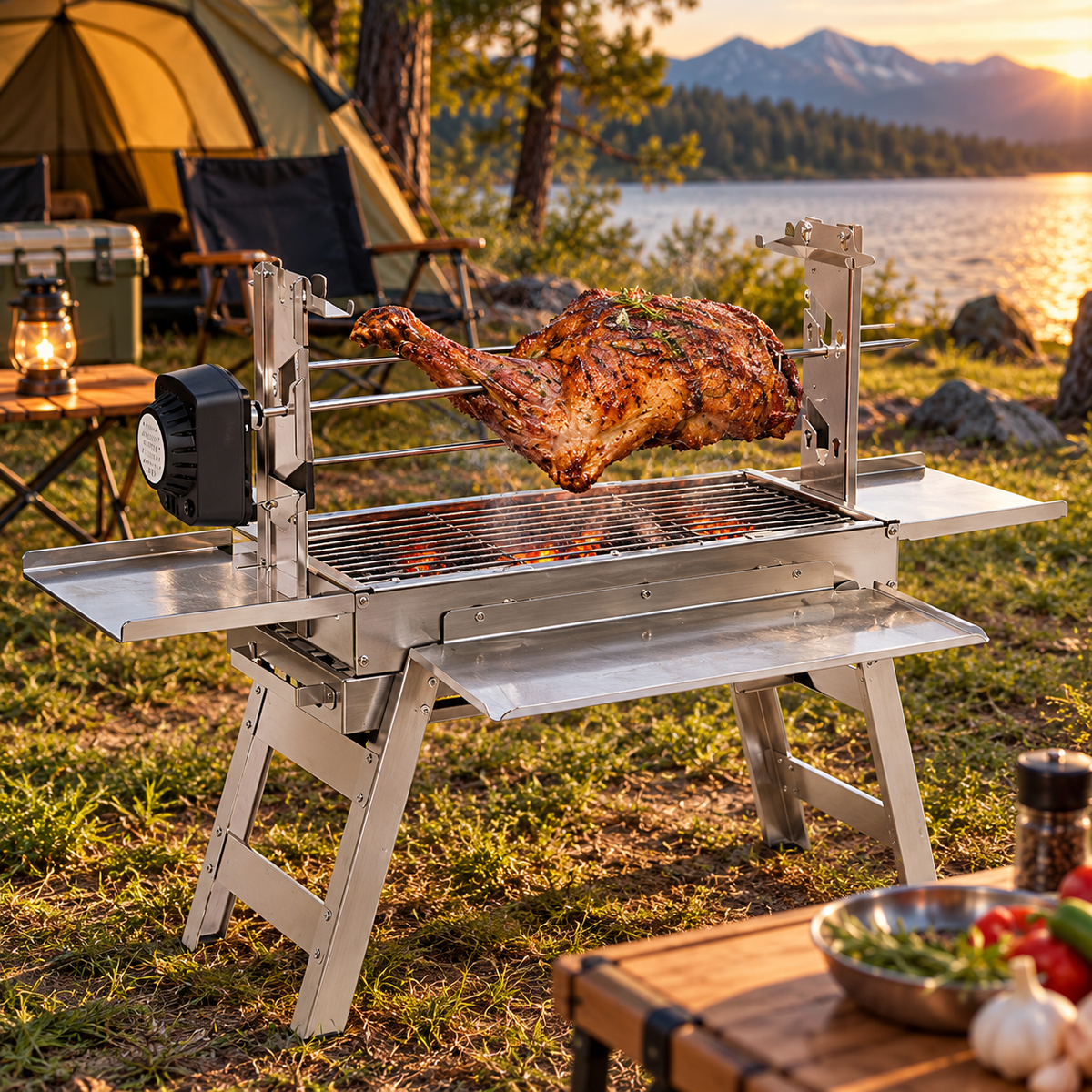 Foldable Stainless Steel Charcoal BBQ Grill - Portable Camping Barbecue with Carry Bag